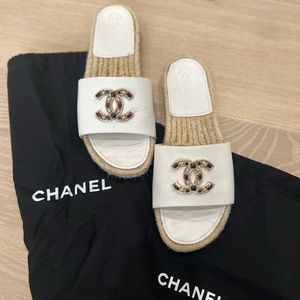 CHANEL white leather espadrille slides embellished CC